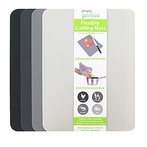 Simply Genius (4 Piece) Extra Thick Large 11.5″ x 15″ Cutting Boards for Kitchen Prep, Non Slip Flexible Cutting Mat Set, Dishwasher Safe, BPA Free Plastic Chopping Mats Meats Vegetables, Gray