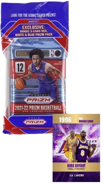 BRAND NEW 2021-22 Panini PRIZM Factory Sealed JUMBO Cello Basketball Card Pack – 15 Cards Per Pack (Includes 3 Red White Blue Prizms) – Plus Novelty Kobe Bryant Card Shown.