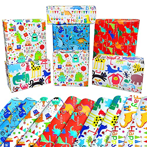 Birthday Wrapping Paper for Boys-Dinosaur Wrapping Paper Kids-Boy Birthday Wrapping Paper Dinosaur Sheets-10 Pack Gift Wrapping Paper Birthday for Boys,Toddlers,Girls,Children,Holiday,Baby Shower-Happy Birthday Wrapping Paper for Boys Gift Wrap Paper