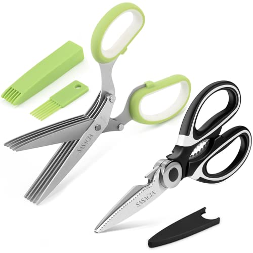 Kitchen Shears Herb Scissors Set – Including a Heavy Duty Multi Function Kitchen Scissors and a 5-blade Herb Shears with Cleaning Comb Cover. Also Comes With a Fruit Peeler, for Cutting Meat, Herbs.
