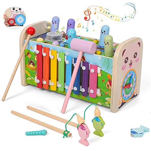 Rabing Wooden Pounding Bench ，8-in-1 Wooden Musical Hammer Toy with Xylophone ，Montessori Learning Toys with Wooden Hammer ，Wooden Activity Cubes,Music Education Puzzle Games Toys for Toddlers 1-3 | The Storepaperoomates Retail Market - Fast Affordable Shopping