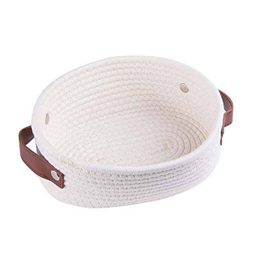 Small Woven Basket for Storage Oval Rope Coil Baskets with Handle Mini Cotton Basket Little Organizer Bins Boho Hamper Nursery Room for Kids Baby Dog Toy Gifts 7.87″x5.51″x4.33″, XS White