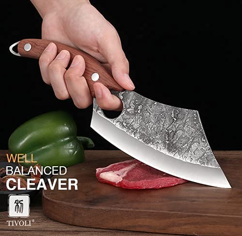 TIVOLI Meat Cleaver Knife Hand Forged Kitchen Cooking Knife Full Tang Viking Caveman Knife Carbon Steel Chef Butcher Camping Knife with Sheath Gift Box for Home Outdoor Thanksgiving Christmas Gifts | The Storepaperoomates Retail Market - Fast Affordable Shopping
