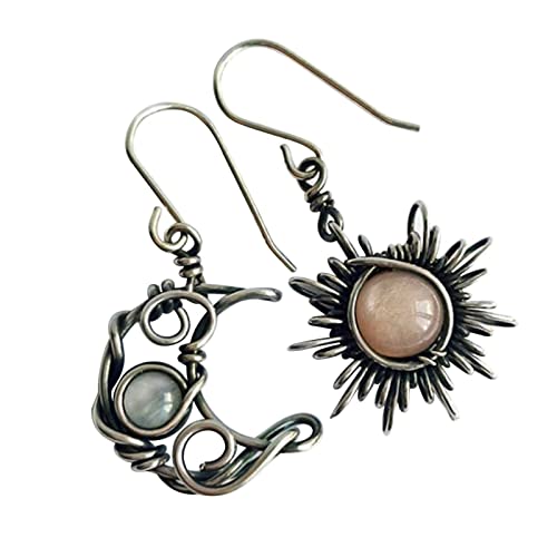 Boho Opal Sun and Moon Drop Dangle Earrings Moonstone Natural Stone Hook Bohemian for Women Girls Asymmetrical Antiqued Silver Celestial Jewelry-A