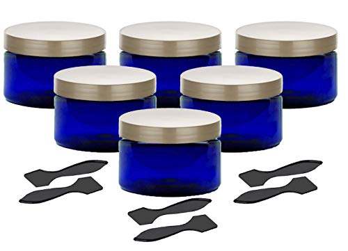 Grand Parfums 6 Cobalt Blue Low Profile 4 Oz Jars PET Plastic Empty Cosmetic Containers with Black Spatulas, Smooth Champagne Gold Plastic Caps, for Essential Oil Sugar Scrub, Body Cream