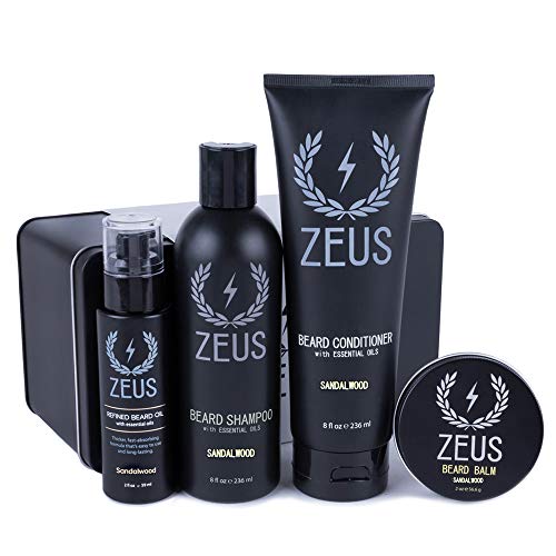 ZEUS Everyday Beard Care Kit – Natural Beard Wash, Refined Beard Oil & Moisturizing Beard Balm – MADE IN USA (Sandalwood)