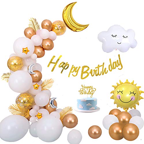 Birthday Decorations Boys Girls, Party Balloons Decoration Pastel Sky Theme with Happy Birthday Banner, Sun Moon Clouds Foil Balloon, Star Balloon for First 2nd Arch Garland Kit Birthday Party balloon
