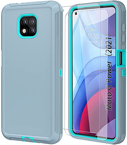 ONOLA Compatible with Moto G Power 2021 Case with HD Screen Protector (2 Packs) [Not for G Power 2020],Moto G Power Case 2021 Full Body 3 in 1 Durable Case for Moto G Power 2021 (Grey-SkyBlue)