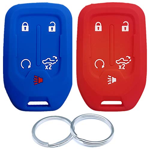 RUNZUIE 2Pcs 5 Buttons Silicone Smart Key Fob Keyless Entry Remote Cover Shell Compatible with 2021 2020 2019 GMC Sierra 1500 2500HD 3500HD Chevy Chevrolet Silverado 1500 2500HD 3500HD Red Blue