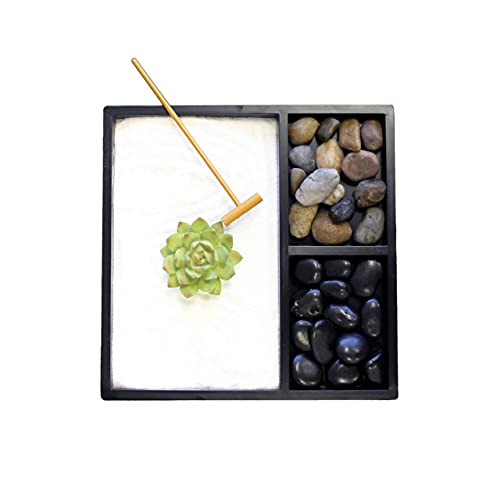 Nature’s Mark Mini Zen Garden Kit for Desk with Rake, White Sand, Lotus Figure, 3 Sections Black Square Base, River Rocks and Black Rocks (9Lx9W C)