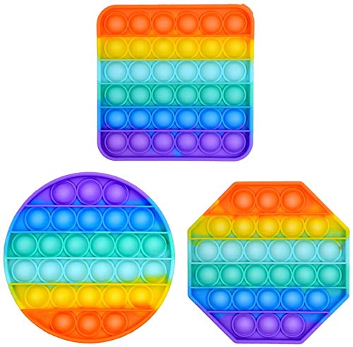 [3-Pack] Pop Fidget it Toy Push On Pop, BD&M Rainbow Color Bubble Sensory Fidget Toy Pack for Anxiety & Stress Relief Autism, Fun Popping Sound Game Toys Set, (Circle+Square+Octagon), (ZGY0236)