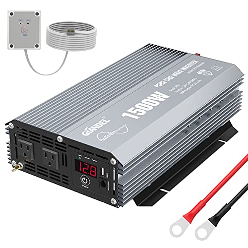 GIANDEL Power Inverter 1500W Pure Sine Wave DC 12V to AC 110V 120V with Dual AC Outlets & LED Dsiplay Remote Controller 2.4A USB Port for RVs Trucks Boats