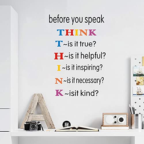TOARTi Colorful Inspirational Quotes Wall Decals, Before You Speak Think Lettering Wall Stickers, Motivational Positive Saying Vinyl Wall Art for Kids Room Classroom Decor
