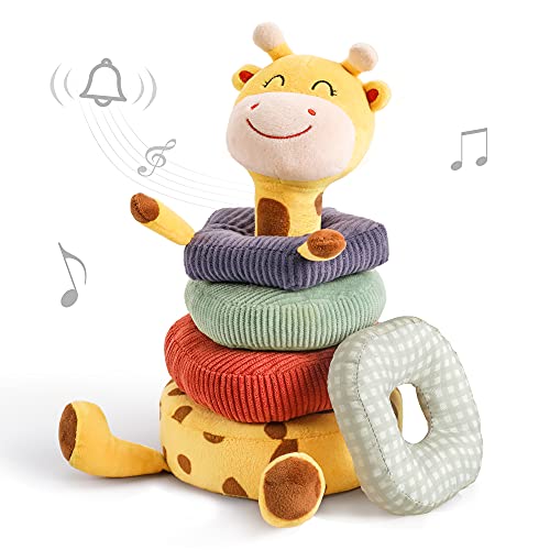 TUMAMA Plush Stacking Rattles Baby Toy, Stacks of Circles STEM Montessori Toy Baby Shower Deer Woodland Stuffed Animals Gift for 3 6 9 12 18 Months 1 Year Olds Infant Toddler Boy Girl