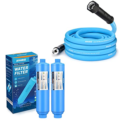 Bundle: Kohree 2 Packs RV Marine Inline Water Filter & 25FT RV Drinking Water Hose
