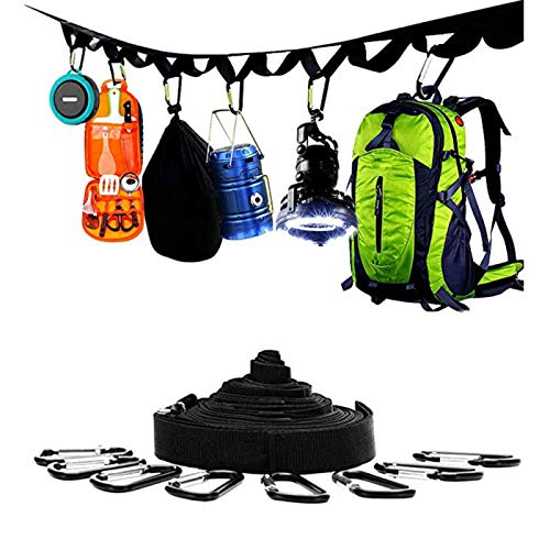 CALIDAKA Campsite Storage Strap,Outdoor Camping Lanyard Hanger with 8 Carabiners and 4 Strap Clip,Outdoor Camping Hammock&Tent Accessories for Hanging Camping Equipment,Gear and Supplie