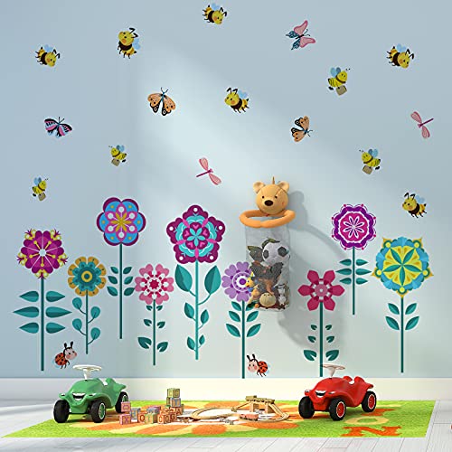 Spring Garden Flower Wall Decals Colorful Butterfly Bee Dragonfly Wall Sticker Peel and Stick Floral Wall Decor for Kids Nursery Bedroom Bathroom Kitchen Classroom