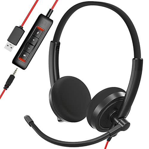 HROEENOI USB Headset, Black Noise Cancelling Headphones with Microphone, PC Headset Wired for Computer/Mac/Laptop, with USB+3.5mm Jack, in-line Controls for Office Home Business