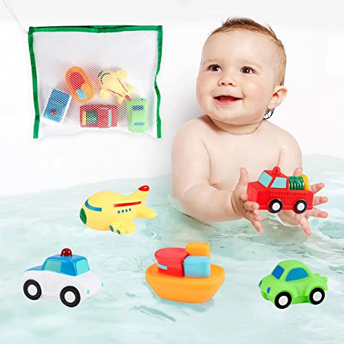 Toddler Bath Toys Bathtub Toy – Kids Floating Water Spray Toy Fun Bathtime with Boat, Plice Car,Fire Truck and Plane Plastic Toy for Baby Boys and Girls