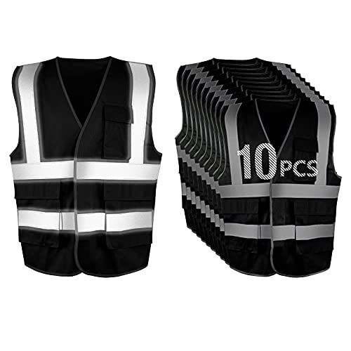 Pomerol High-Visibility Reflective Safety Vest 10 Packs Breathable Black Unisex Adjustable Width Magic Tape Vest With Hi-Vis Reflective Strip 3 Packet For Cycling Runner Volunteer Guard Construction