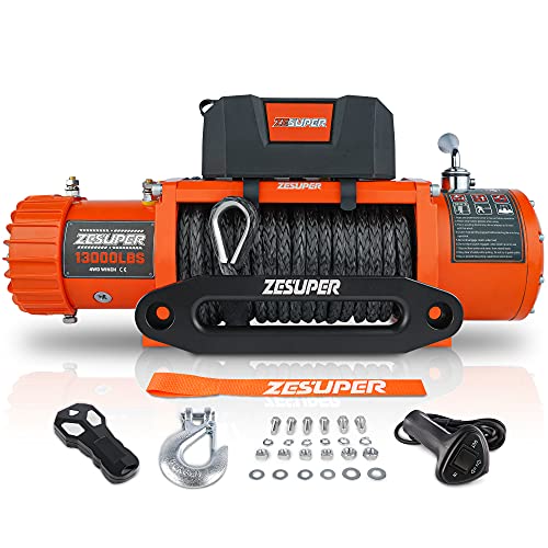 ZESUPER 13000 lbs Electric Winch Kit Waterproof IP67 Electric Winch Synthetic Rope, with Wireless Remote, Corded Handle and Fairlead, for Truck SUV Recovery