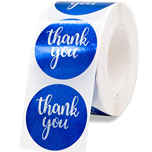 Abeike Thank You Label Sticker 1.5 Round, 500 Labels per Roll, Thank You Sticker for Birthday, Wedding, Gift, Bridal Shower. (Blue -Silver)