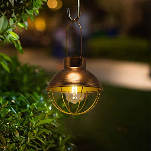 YAKii 2 Pack Solar Lantern Hanging Waterproof Outdoor Metal Solar Lamp with Warm White Light Decorate for Yard Garden Pathway Patio Porch Decor (Gold)