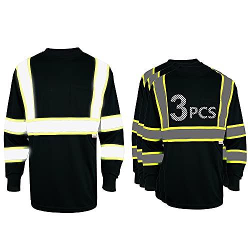 Pomerol Long Sleeve Safety Shirt High-Visibility Reflective 3 Packs Breathable Black Unisex Safety T-Shirt with Hi-Vis Strip and Front Packet for Work Cycling Runner Surveyor Guard Construction
