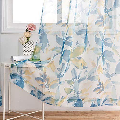 VISIONTEX Voile Printed Sheer Curtains, European Abstract Style Blue and Yellow Leaves Print, 2 Panels Pair for Home Window Decoration, Rod Pocket 54 by 84 Inch