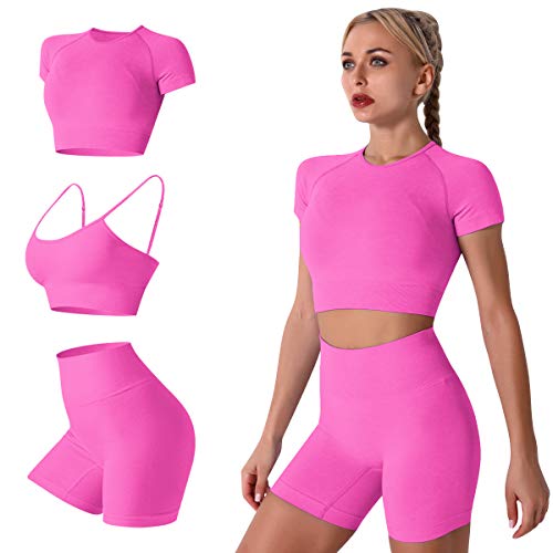 Women’s Seamless Yoga Outfits 3 Pieces Workout Short Sleeve Crop Top + Camisole Tank Sports Bra + High Waisted Running Shorts Sets Activewear Athletic Fitness Tracksuit Gym Clothes Hot Pink Small