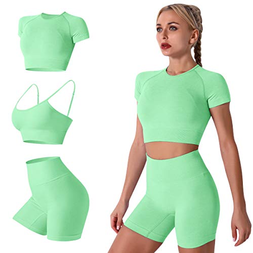 Women’s Seamless Yoga Outfits 3 Pieces Workout Short Sleeve Crop Top + Camisole Tank Sports Bra + High Waisted Running Shorts Sets Activewear Athletic Fitness Tracksuit Gym Clothes Mint Green Small