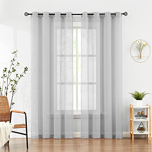 FMFUNCTEX Light Grey Semi-Sheer Curtains for Bedroom 63inch Faux Linen Look Voile Drapes Grommet Top Window Curtain 55″ w Set of 2 Panels, Sliver Gray