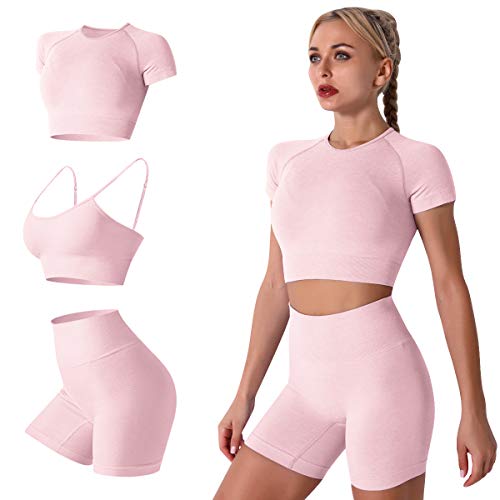 Women’s Seamless Yoga Outfits 3 Pieces Workout Short Sleeve Crop Top + Camisole Tank Sports Bra + High Waisted Running Shorts Sets Biker Activewear Athletic Fitness Tracksuit Gym Clothes Pink Small