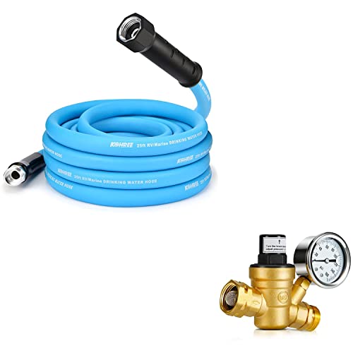 Bundle: Kohree 25FT RV Water Hose 5/8” Drinking Water Hose for Camping, RV, Garden & Screw Adjustable RV Water Pressure Regulator Valve with Gauge