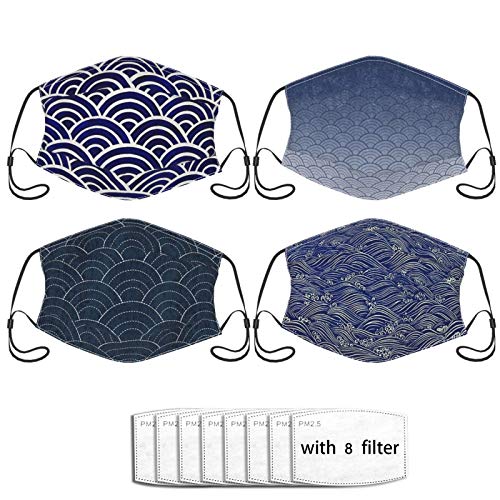 4pcs Japanese Wave Pattern Mask,Face Mask With Filter Pocket Unisex Balaclava Washable Reusable Cloth Fashion Scarf