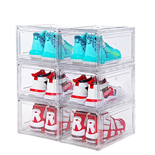 SAISTORY 6 Pack Shoe Boxes Clear Stackable, Large Shoe Storage Boxes, Space Saving Acrylic Shoe Boxes, Foldable Shoe Container Boxes that Fits Up to Size 14 Shoes (10 Pack Transparent)