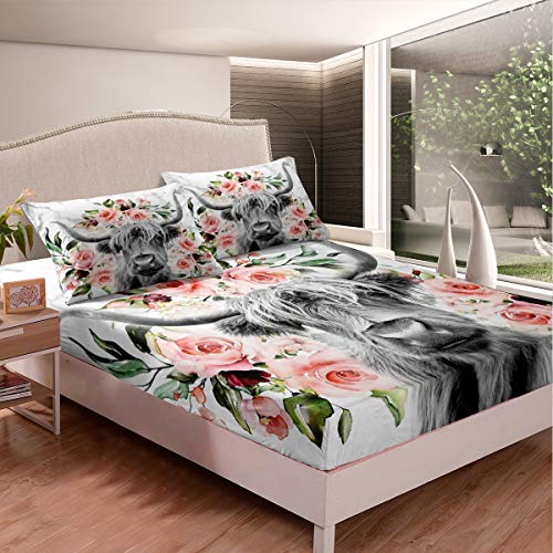 Erosebridal Highland Cow Flower Fitted Sheet Full Size Bull Cattle Bedding Set Bedroom Decorative Western Funny Animal Bed Cover Wildlife Farmhouse Cow Fitted Sheet Rose Grey Marble Bed Cover