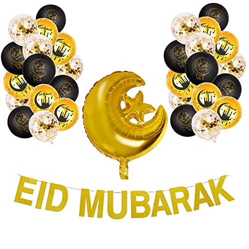 Eid Mubarak Decorations Eid Al Adha Decorations Black Gold Eid Mubarak Balloons Moon and Star Foil Balloon Confetti Balloons and Eid Mubarak Banner for Home Outdoor Ramadan Mubarak Eid Ul Fitr