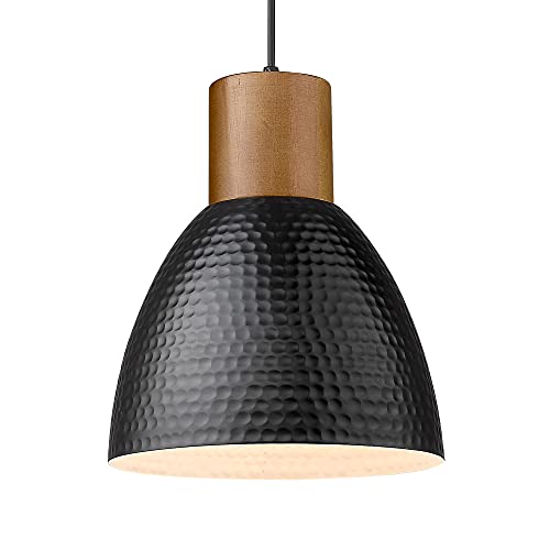 ELYONA Industrial Pendant Light, Rubber Wood Hanging Lamp with Hammered Metal Shade, 10.2″ Modern Pendant Light Fixtures for Kitchen Island, Bar, Farmhouse Dining Room, Bedroom, Living Room – Black