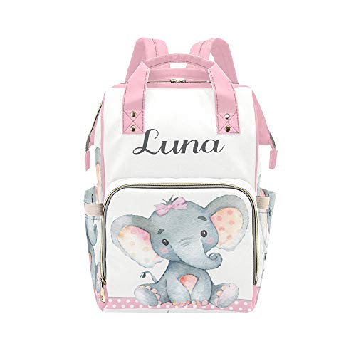 Personalized Pink Elephant Diaper Bag Backpack with Name Custom Mommy Baby Bags Waterproof Travel Daypack for Mom Girl Gifts