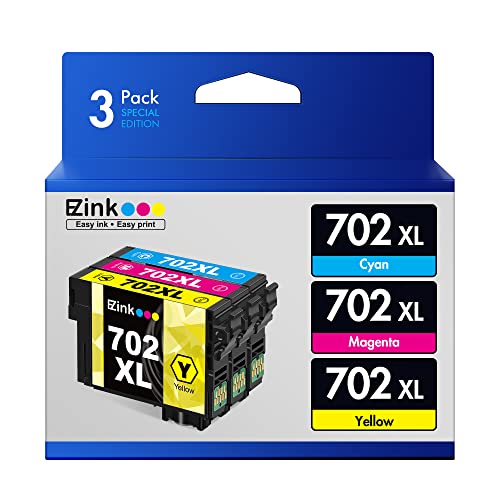 E-Z Ink (TM Remanufactured Ink Cartridge Replacement for Epson 702XL T702XL 702 T702 to use with Workforce Pro WF-3720 WF-3730 WF-3733 Printer (1 Cyan, 1 Magenta, 1 Yellow, 3 Pack)