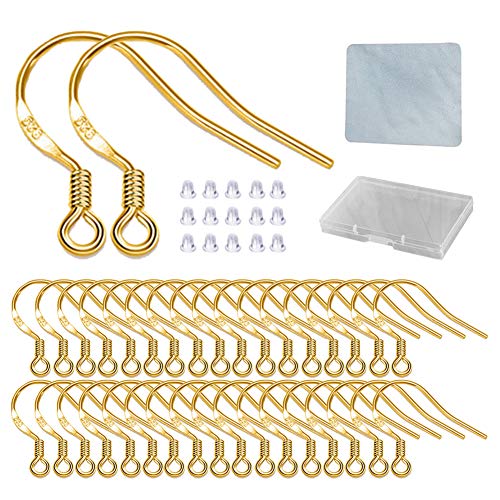 Gold Fishhook Earring Hooks – 120 PCS/60 Pairs 18K Gold Hypoallergenic Ear Wires Fish Hooks for Jewelry Making, Jewelry Findings Parts with 120 PCS Rubber Earring Backs Stopper for DIY Earrings