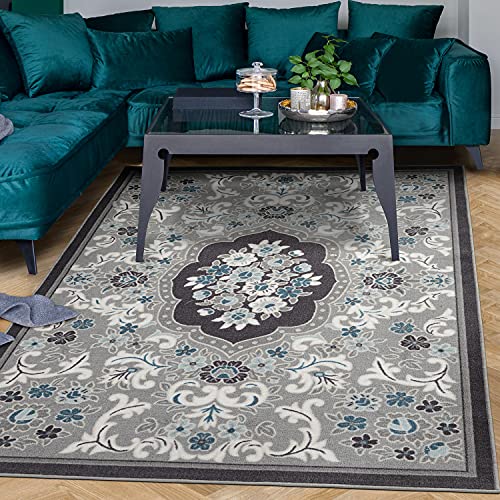 Antep Rugs Alfombras Non-Skid (Non-Slip) 5×7 Rubber Backing Modern Floral Low Profile Pile Indoor Area Rugs (Gray, 5′ x 7′)