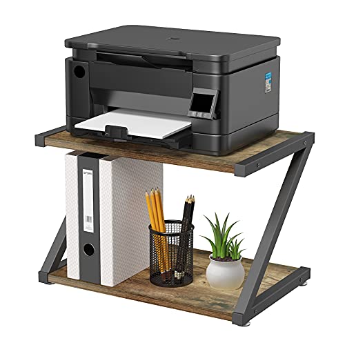 YOAYO Rustic Wood Desktop Printer Stand- Home Printer Stands Table Top, 2 Tier Vintage Printer Table Desk Space Organizer for Office Fax Machine, Scanner, Files, Books with Adjustable Anti-Skid Feet