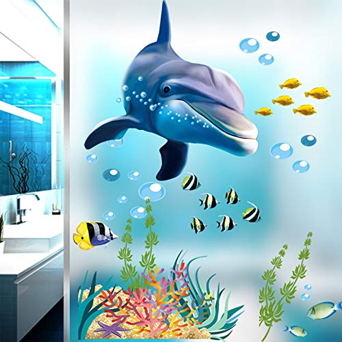 Watercolor Ocean Blue Whale Wall Decal, DILIBRA 3D Under The Sea World Life Marine Animal Fish Wall Decor, Underwater World Art Wall Sticker Wall Decoration Decal for Kids Bedroom Nursery Bathroom
