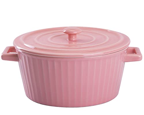 WHJY Pink Ceramic Casserole Dish with Lid，1.2 Quart Ceramic Casserole Pan for Bakeware Oven
