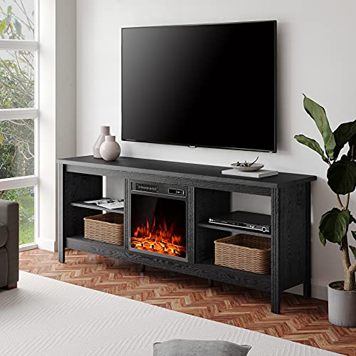 WAMPAT Fireplace TV Stand for 80 Inch TV Entertainment Center, Farmhouse Electric Fire Place Wood TV Console Table Cabinet with 4 Storages for Living Room Bedroom, 70” Black