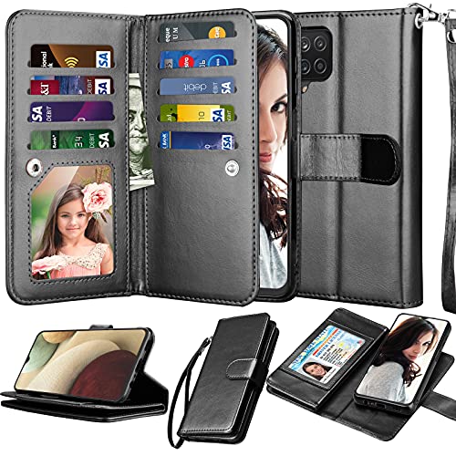 Njjex Wallet Case for Samsung Galaxy A12, for Galaxy A12 Case 6.5″, [9 Card Slots] PU Leather Credit Holder Folio Flip [Detachable] Kickstand Magnetic Phone Cover & Lanyard for Samsung A12 [Black]