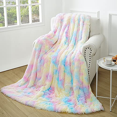 junovo Soft Shaggy Rainbow Blanket for Girls Kids, Fuzzy Colorful Throw Blankets for Bed, Cute Fluffy Plush Blanket with Cozy Sherpa, Washable Faux Fur Rainbow Throw Blanket for Couch Sofa, 50″x60″