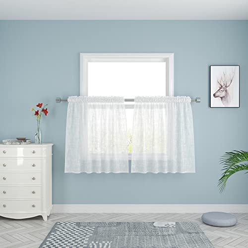 UPOPO White Sheer Tier Curtains 36 inches Long Voile Kitchen Tiers Linen Textured Cafe Curtains Bathroom Short Small Curtain for Door Window Curtains 2 Pieces Rod Pocket Cabinet Cover
